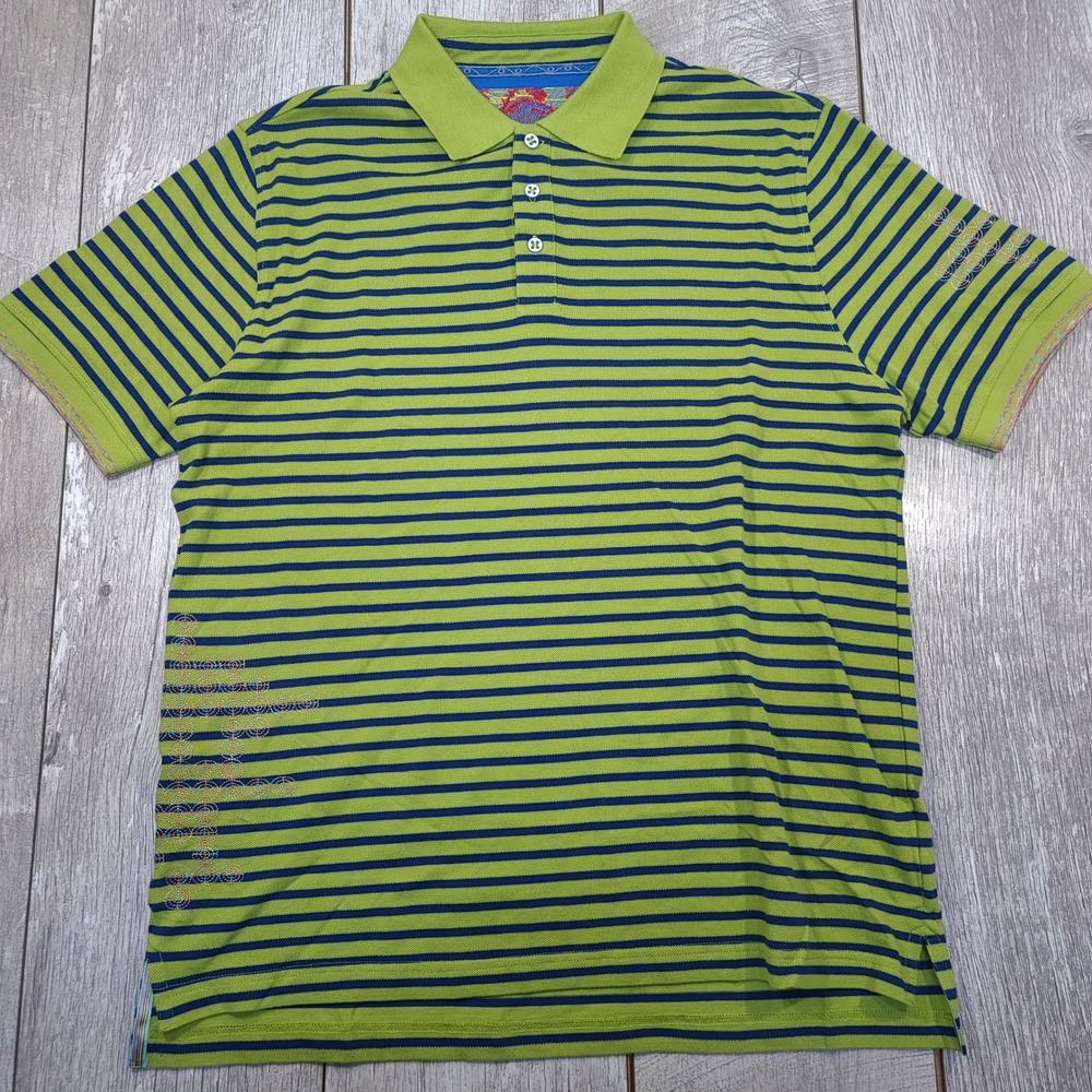 Robert Graham Polo Shirt Mens Medium Green Blue Striped Short Sleeve Embroidered